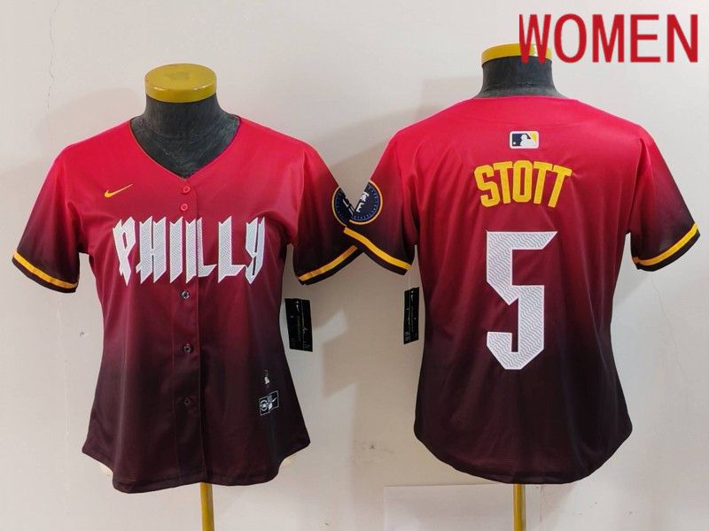Women Philadelphia Phillies 5 Stott Red City Edition 2024 Nike MLB Jersey style 1